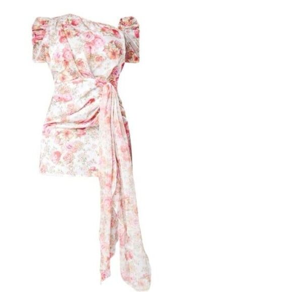 PrettyLittleThing One Shoulder Draped Chiffon Bodycon Dress Pink Floral Sz 6NWT - Picture 2 of 12
